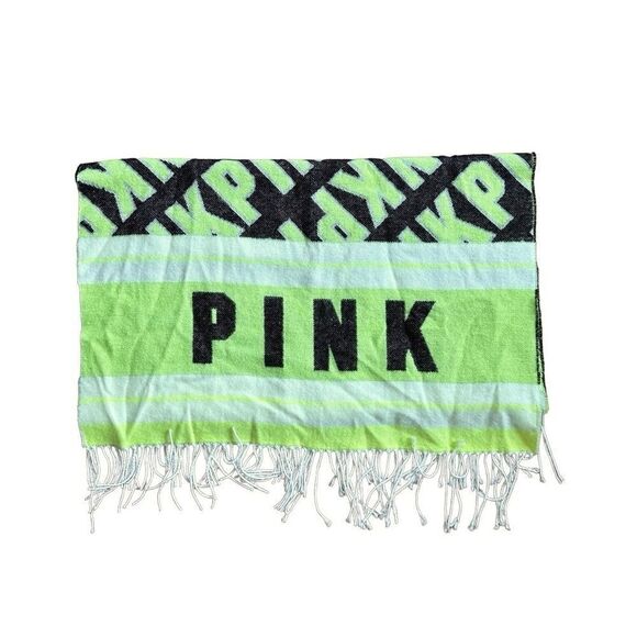 PINK Victoria's Secret Neon Green & Black Reversible Fringe Logo Blanket Scarf - Picture 5 of 7